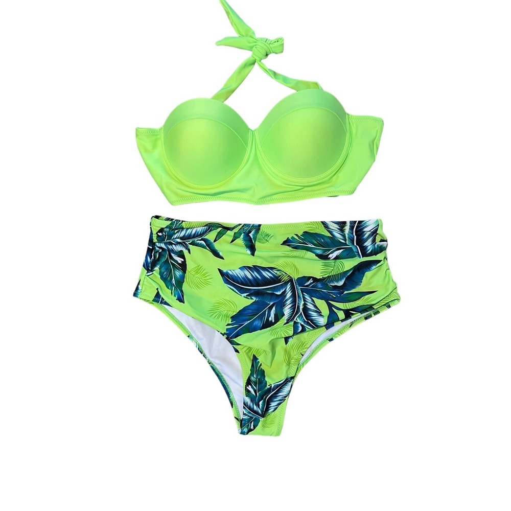 Shein NEW Bikini‎ Two Piece Fluorescent Green Padded Top Underwire Size L